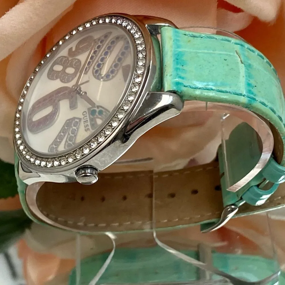 Guess Crystal Accented Bezel and Dial Large Face Watch with Leather Strap